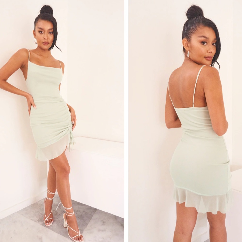 Sage green mesh ruched bodycon dress
